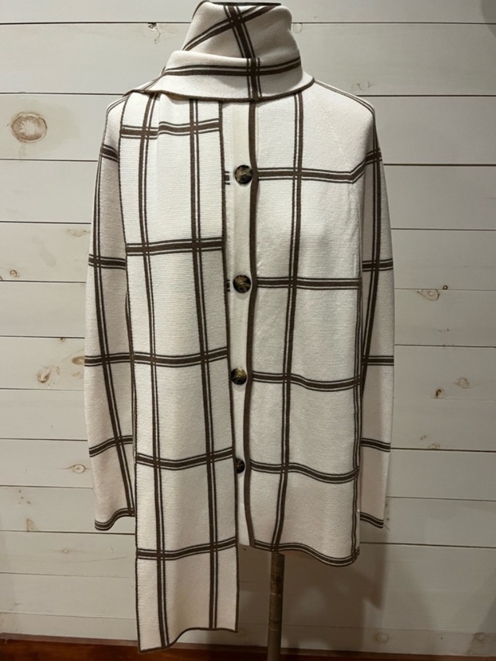 Plaid Button-Front Cape Coat - Cream & Brown